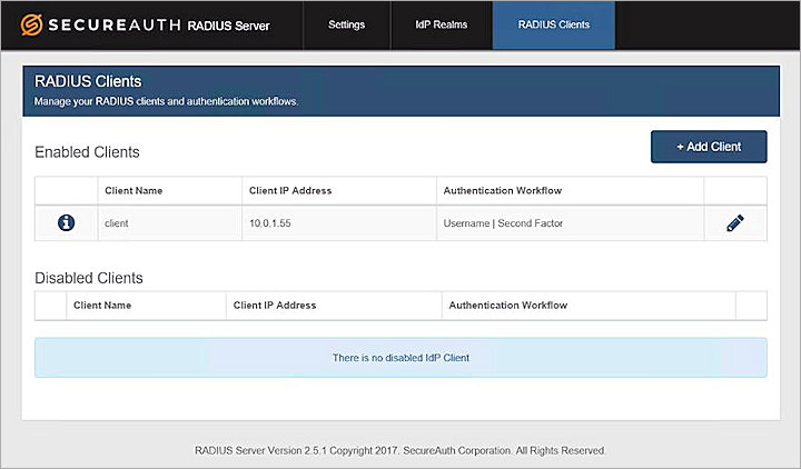 Screenshot of the SecureAuth RADIUS Clients, Add RADIUS Client dialog box